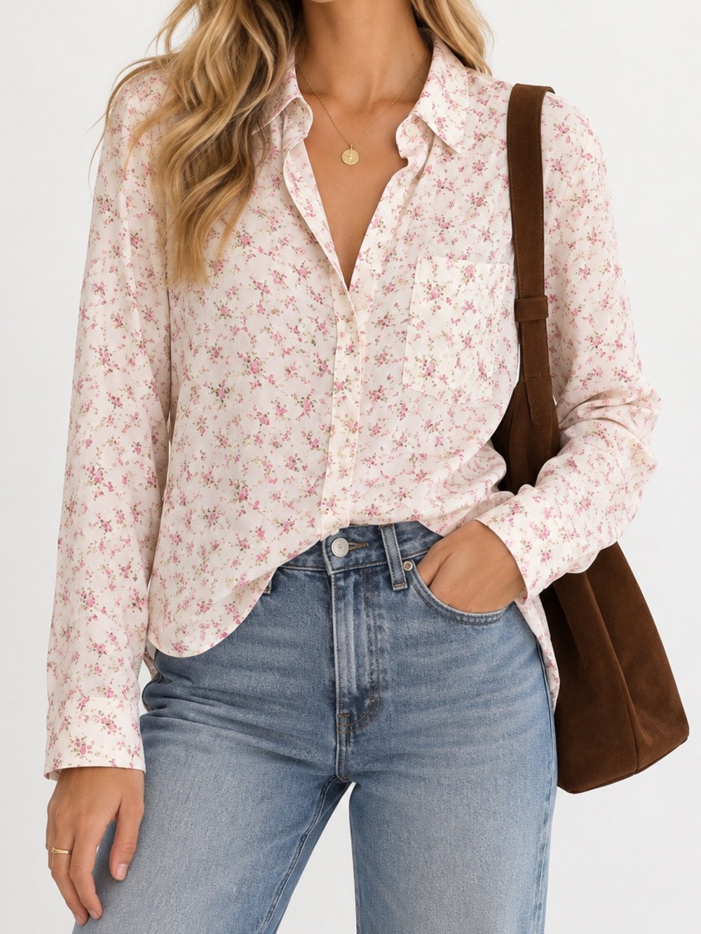 Rails Ditzy Floral Button Down Shirt Pink Green Ivory Rayon Blouse Size Medium
